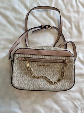Michael Kors Beige Signature MK Crossbody with Pink Trim and Gold Chain